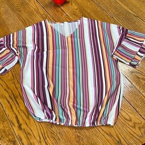 No brand XL stripe ladies top.  Size XL.  Purple/yellow/green. Flutter sleeves.